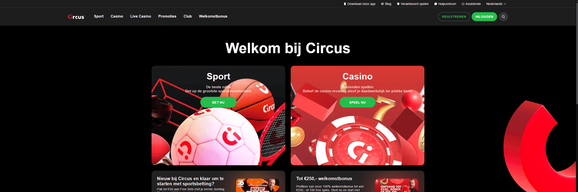 Screenshot van de Circus Casino-website